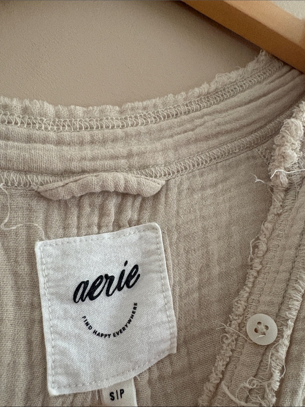 Aerie Pool To Party Cover Up Tan Oat Size Small Button Tunic Oversized Fray Hem - Picture 2 of 11